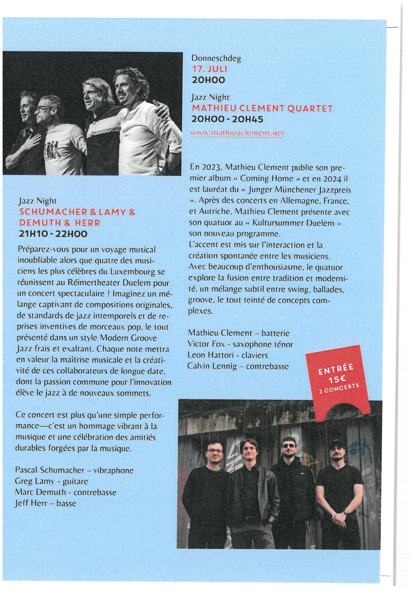 Mathieu Clement Quartet, Schumacher & Lamy & Herr & Demuth – Jazz Night